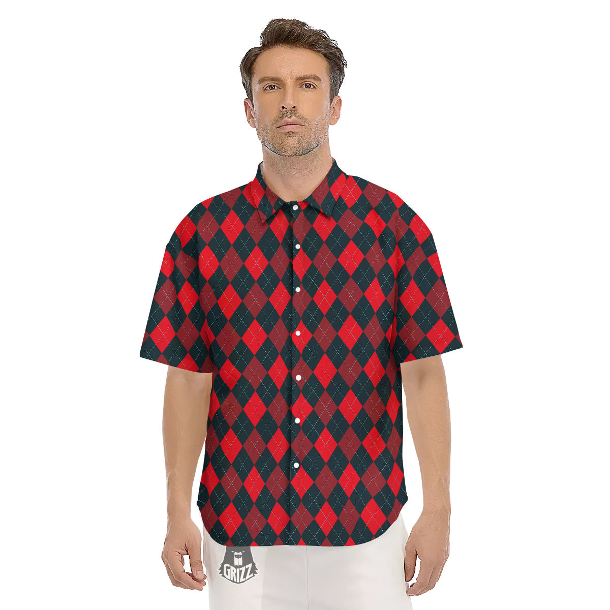 Argyle Red And Black Print Pattern Men's Short Sleeve Shirts-grizzshop