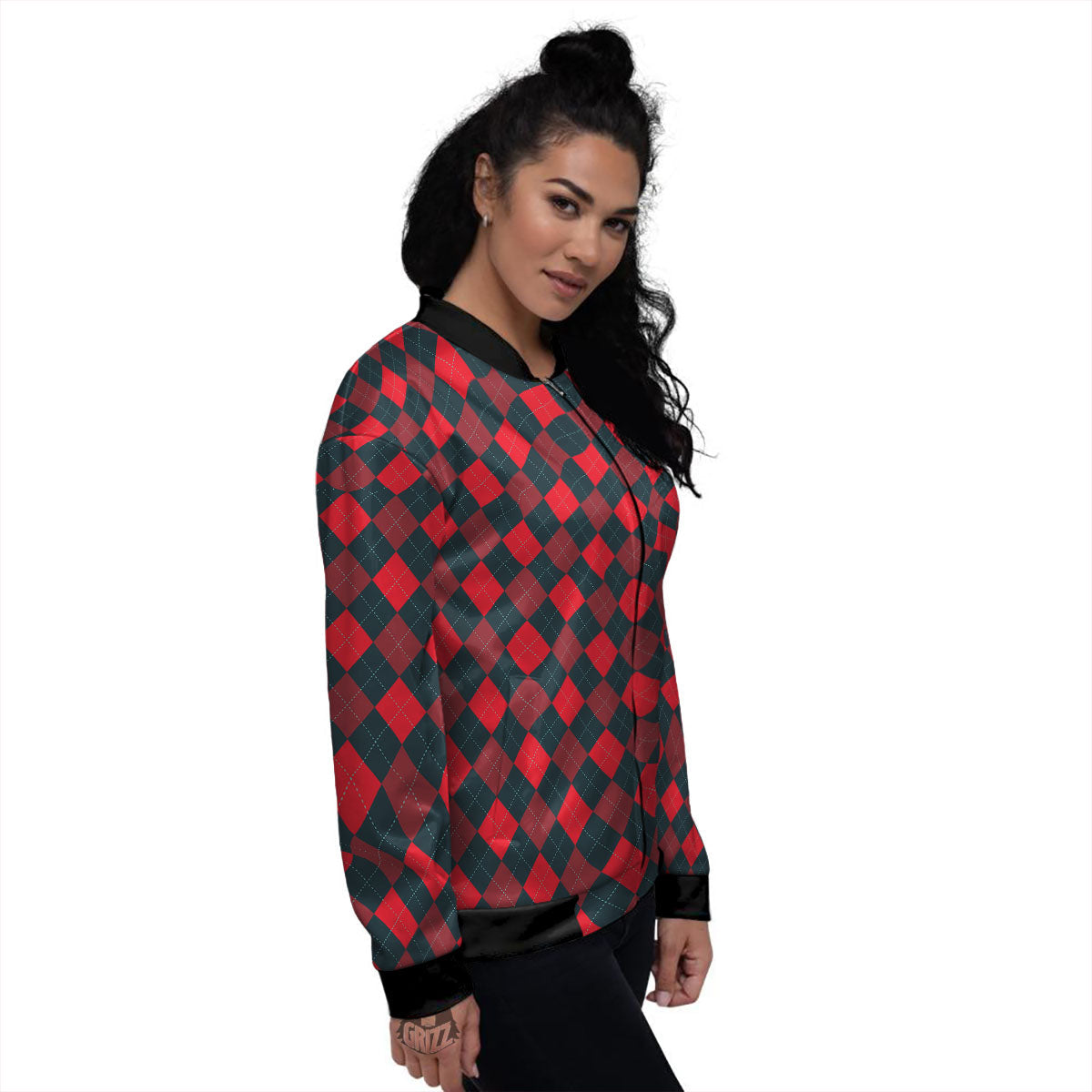 Argyle Red And Black Print Pattern Women's Bomber Jacket-grizzshop
