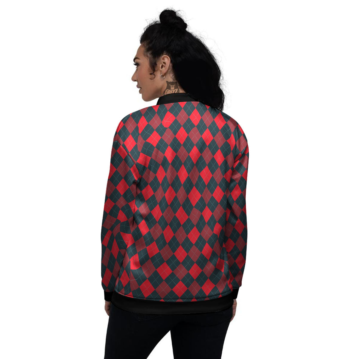 Argyle Red And Black Print Pattern Women's Bomber Jacket-grizzshop