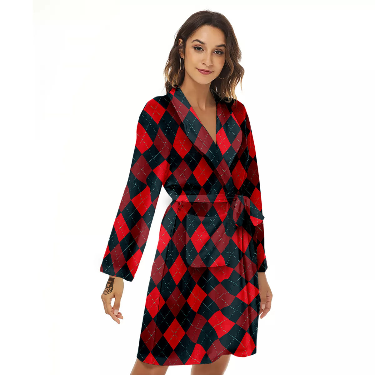 Argyle Red And Black Print Pattern Women's Robe-grizzshop