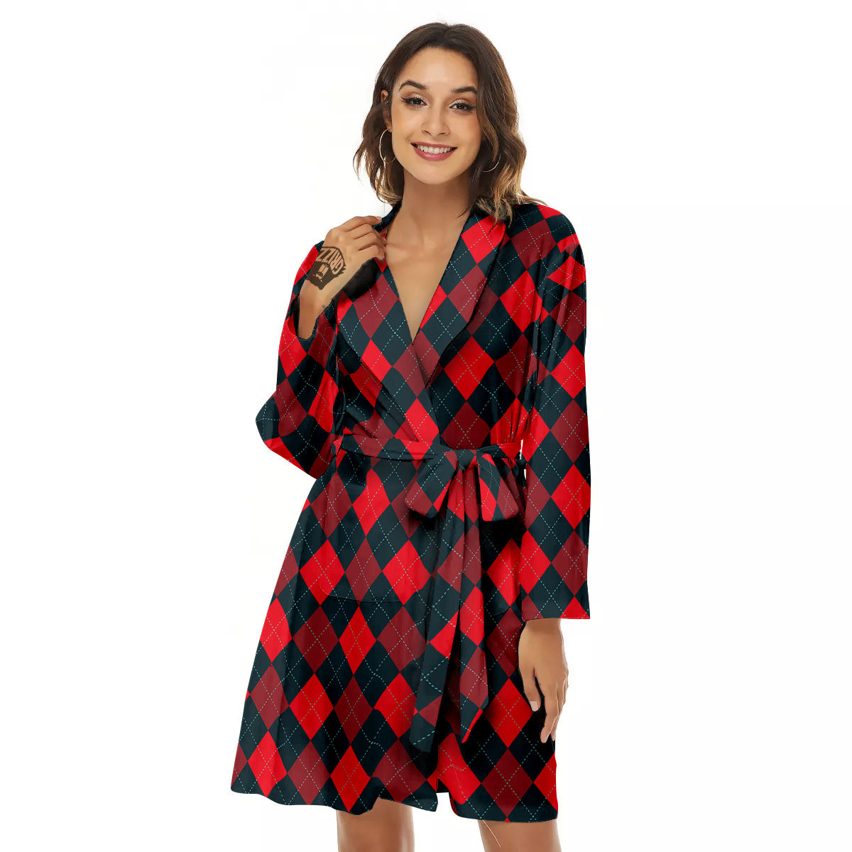 Argyle Red And Black Print Pattern Women's Robe-grizzshop