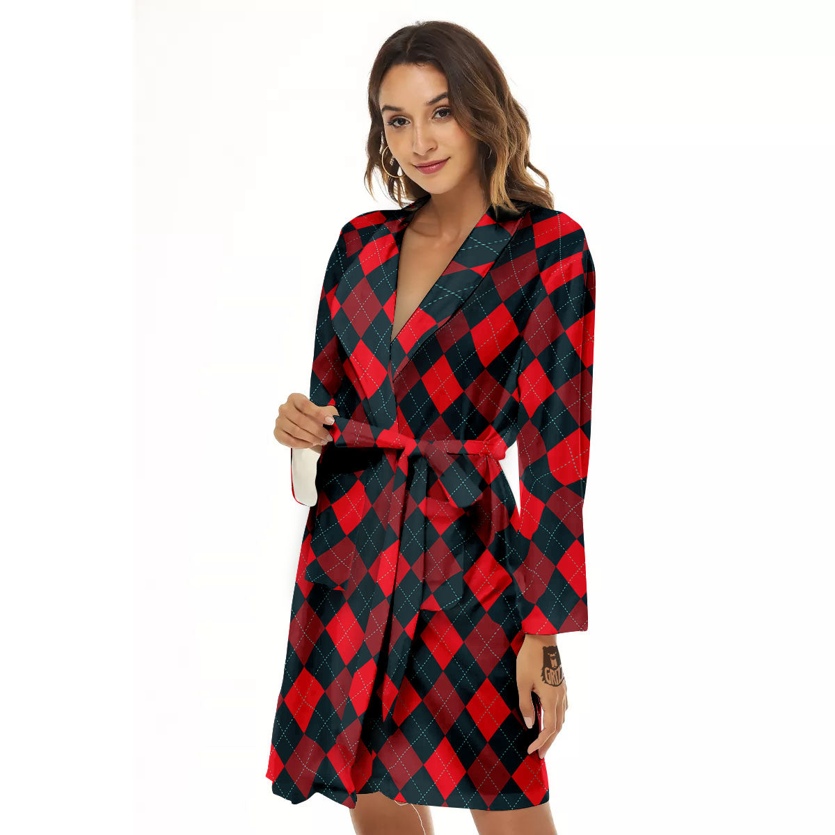 Argyle Red And Black Print Pattern Women's Robe-grizzshop