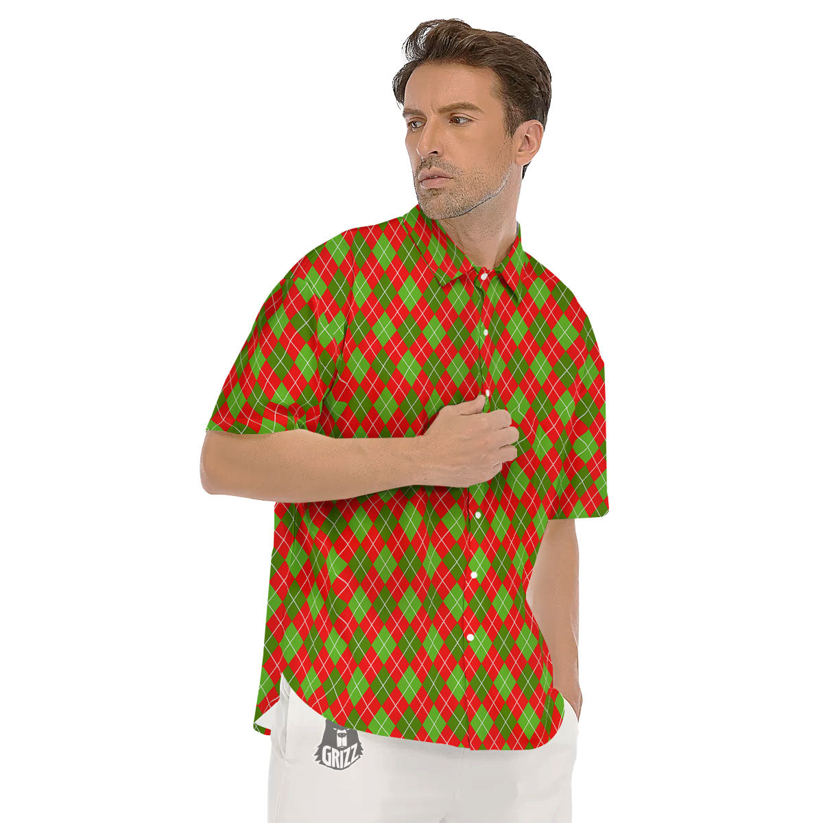 Argyle Red And Green Print Pattern Men's Short Sleeve Shirts-grizzshop