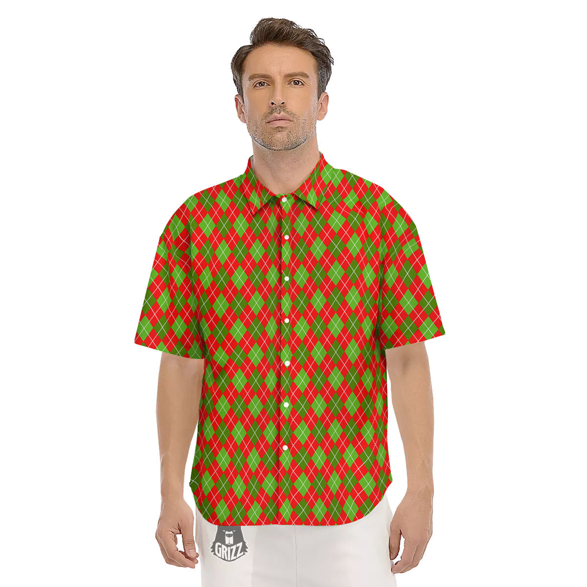 Argyle Red And Green Print Pattern Men's Short Sleeve Shirts-grizzshop