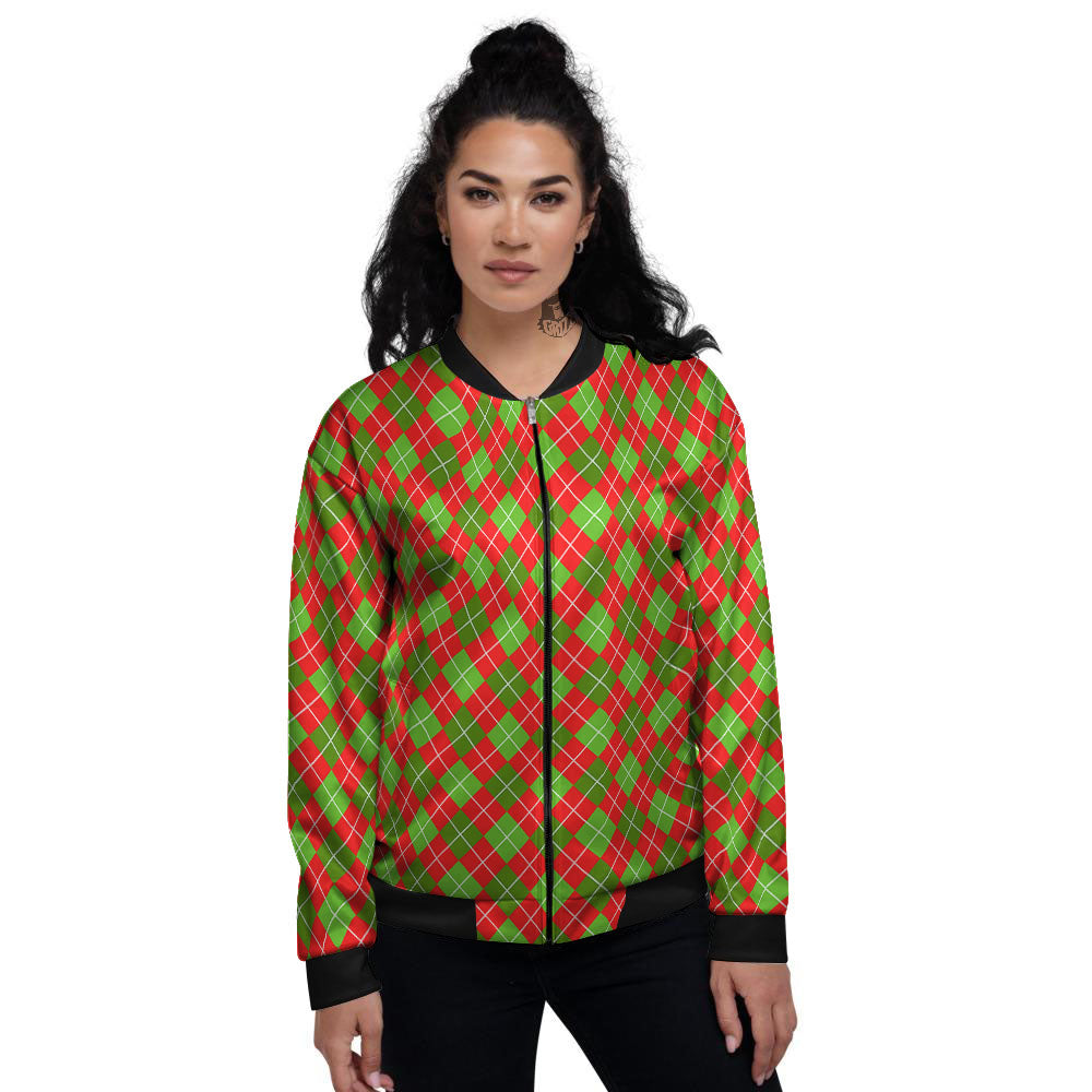 Argyle Red And Green Print Pattern Women's Bomber Jacket-grizzshop