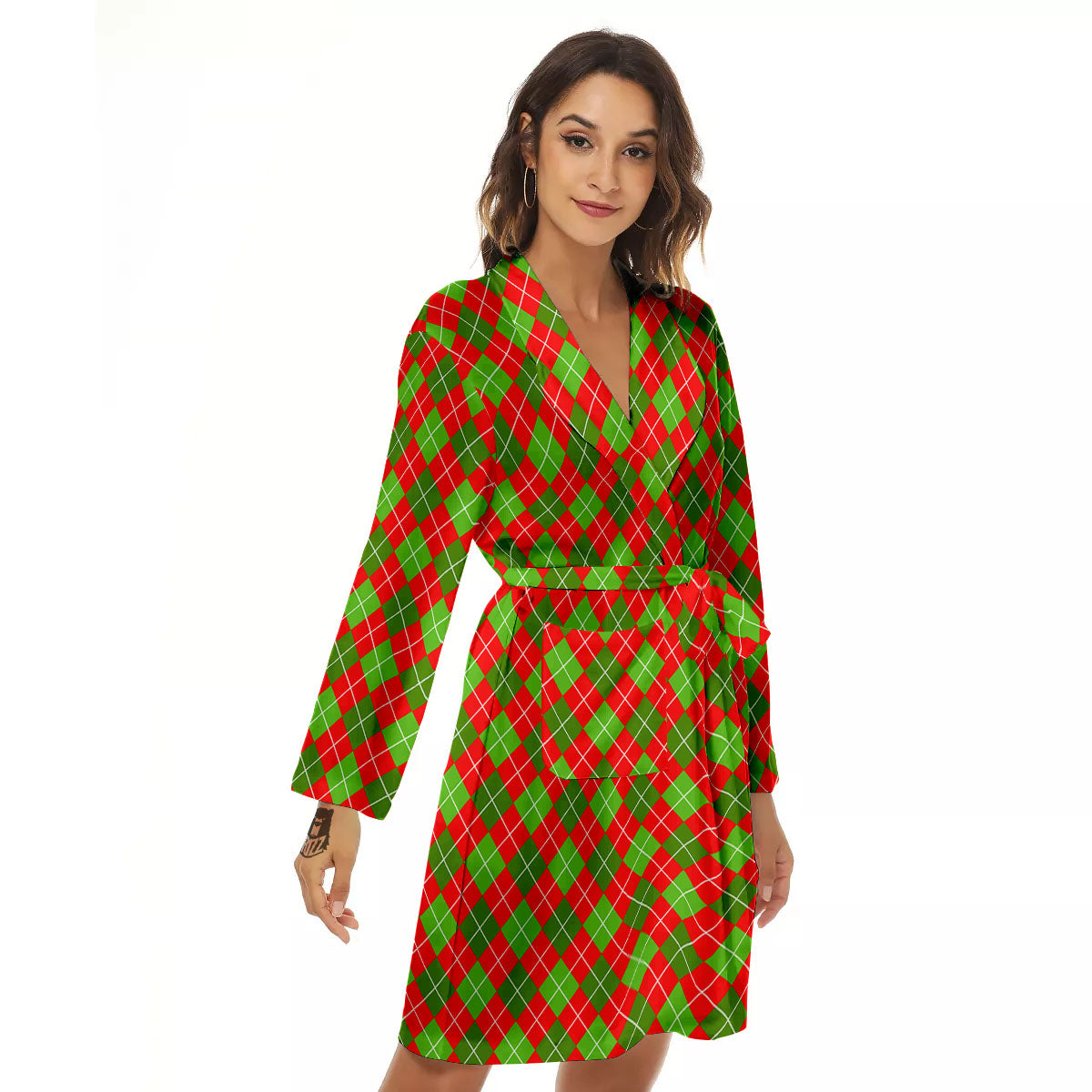 Argyle Red And Green Print Pattern Women's Robe-grizzshop