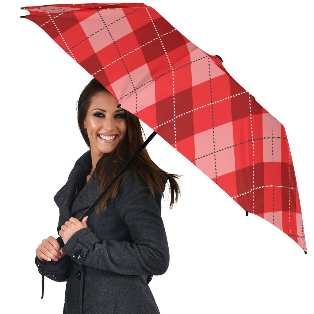 Argyle Red Pattern Print Automatic Foldable Umbrella-grizzshop