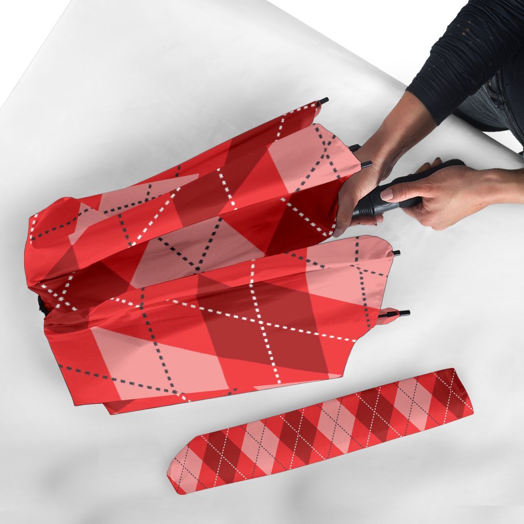 Argyle Red Pattern Print Automatic Foldable Umbrella-grizzshop