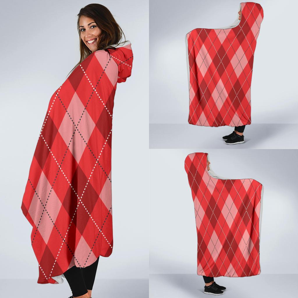 Argyle Red Pattern Print Hooded Blanket-grizzshop