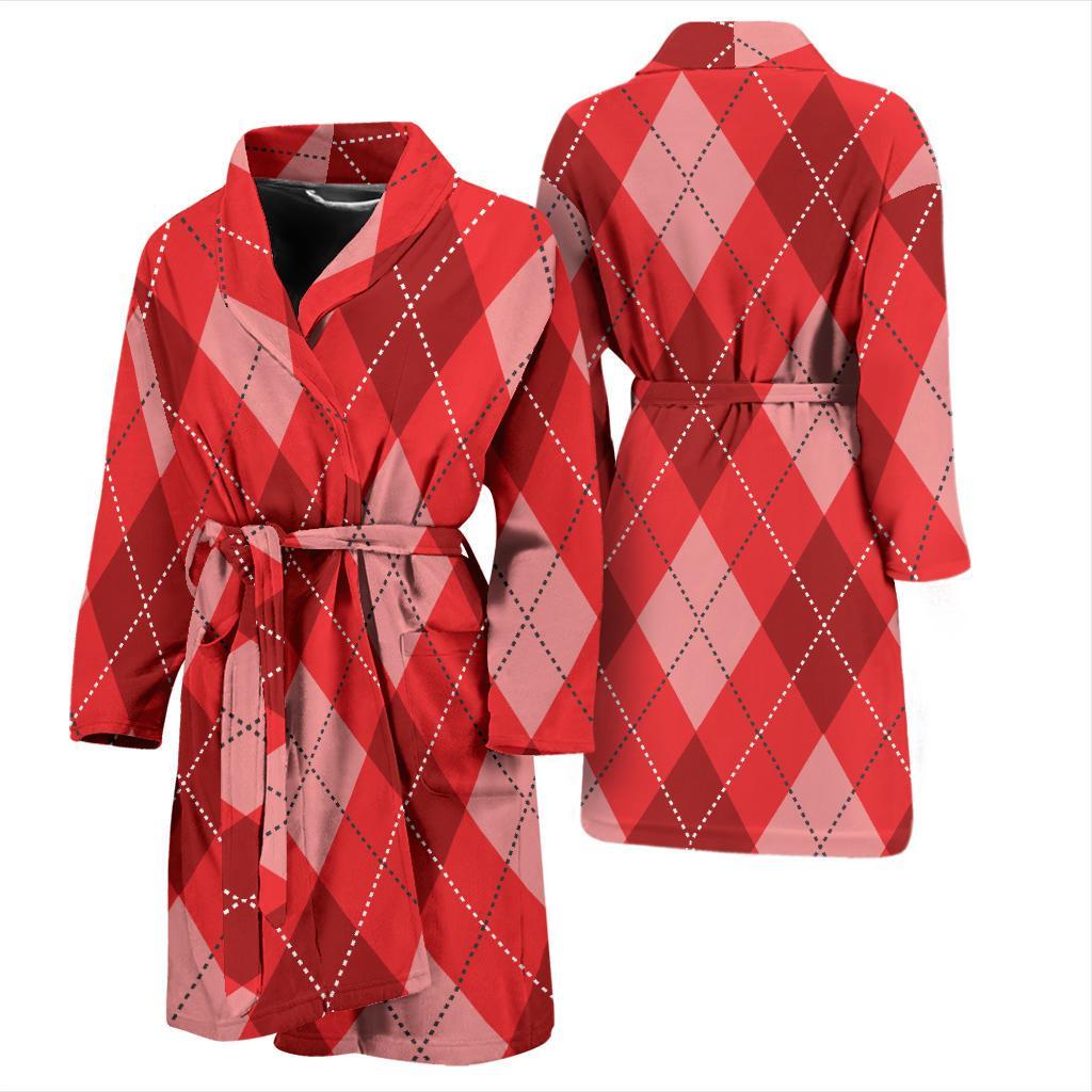 Argyle Red Pattern Print Men Long Robe-grizzshop