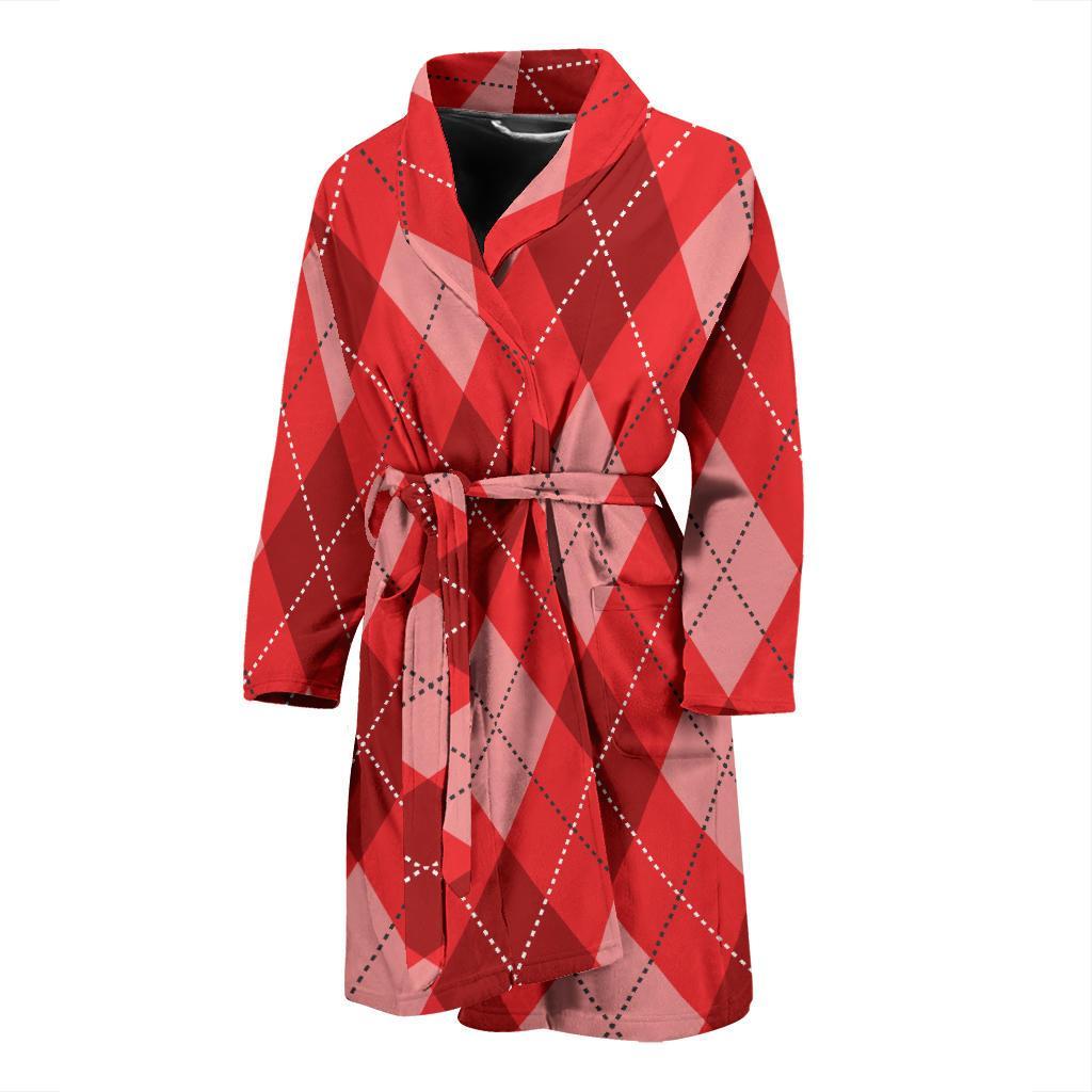 Argyle Red Pattern Print Men Long Robe-grizzshop