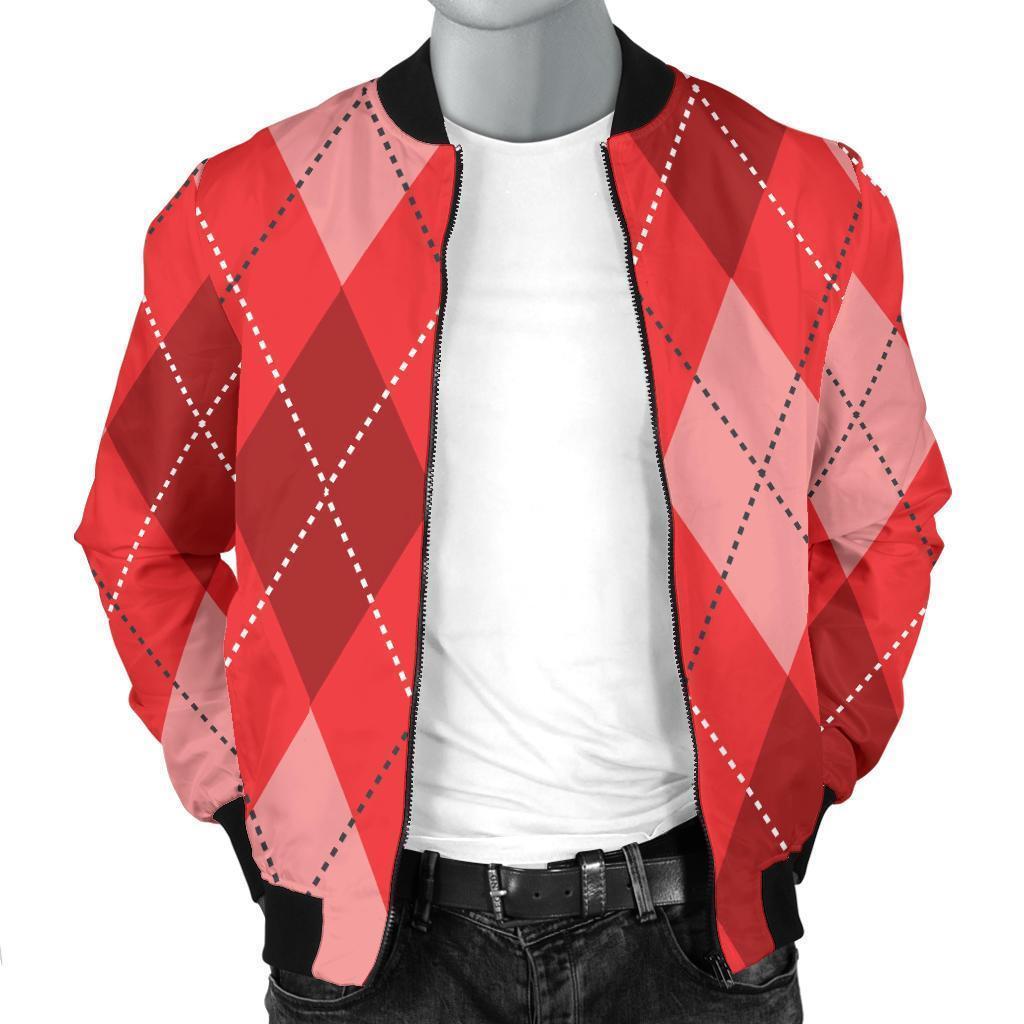 Argyle Red Pattern Print Men's Bomber Jacket-grizzshop