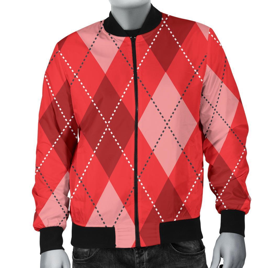 Argyle Red Pattern Print Men's Bomber Jacket-grizzshop