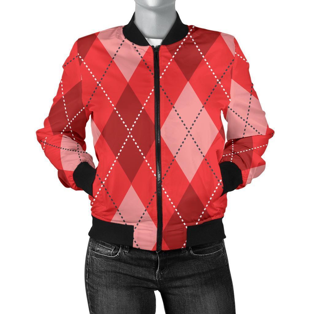 Argyle Red Pattern Print Women Casual Bomber Jacket-grizzshop