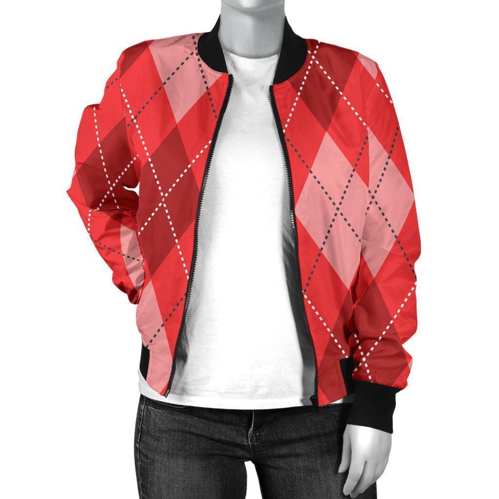 Argyle Red Pattern Print Women Casual Bomber Jacket-grizzshop