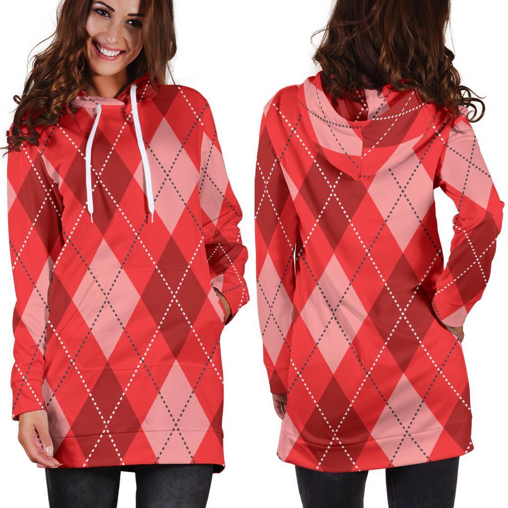 Argyle Red Pattern Print Women Hoodie Dress-grizzshop