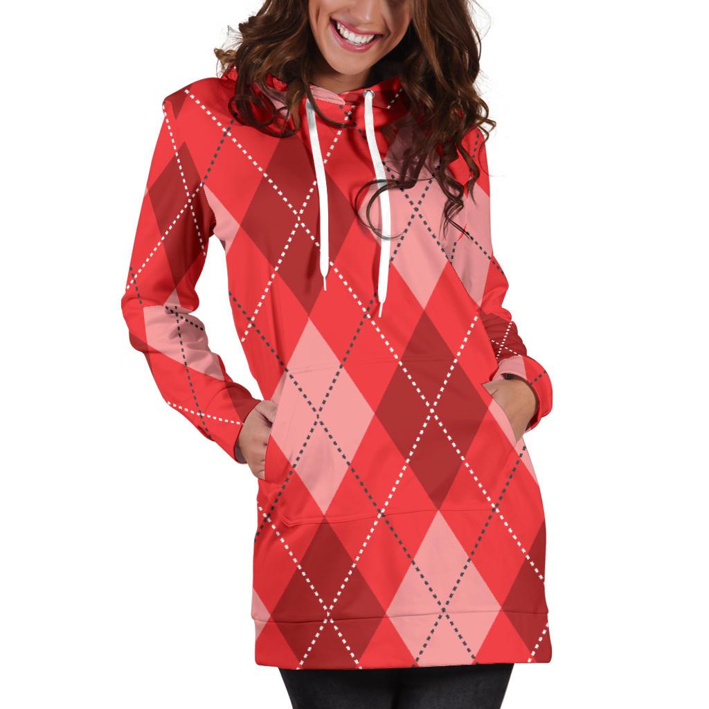 Argyle Red Pattern Print Women Hoodie Dress-grizzshop