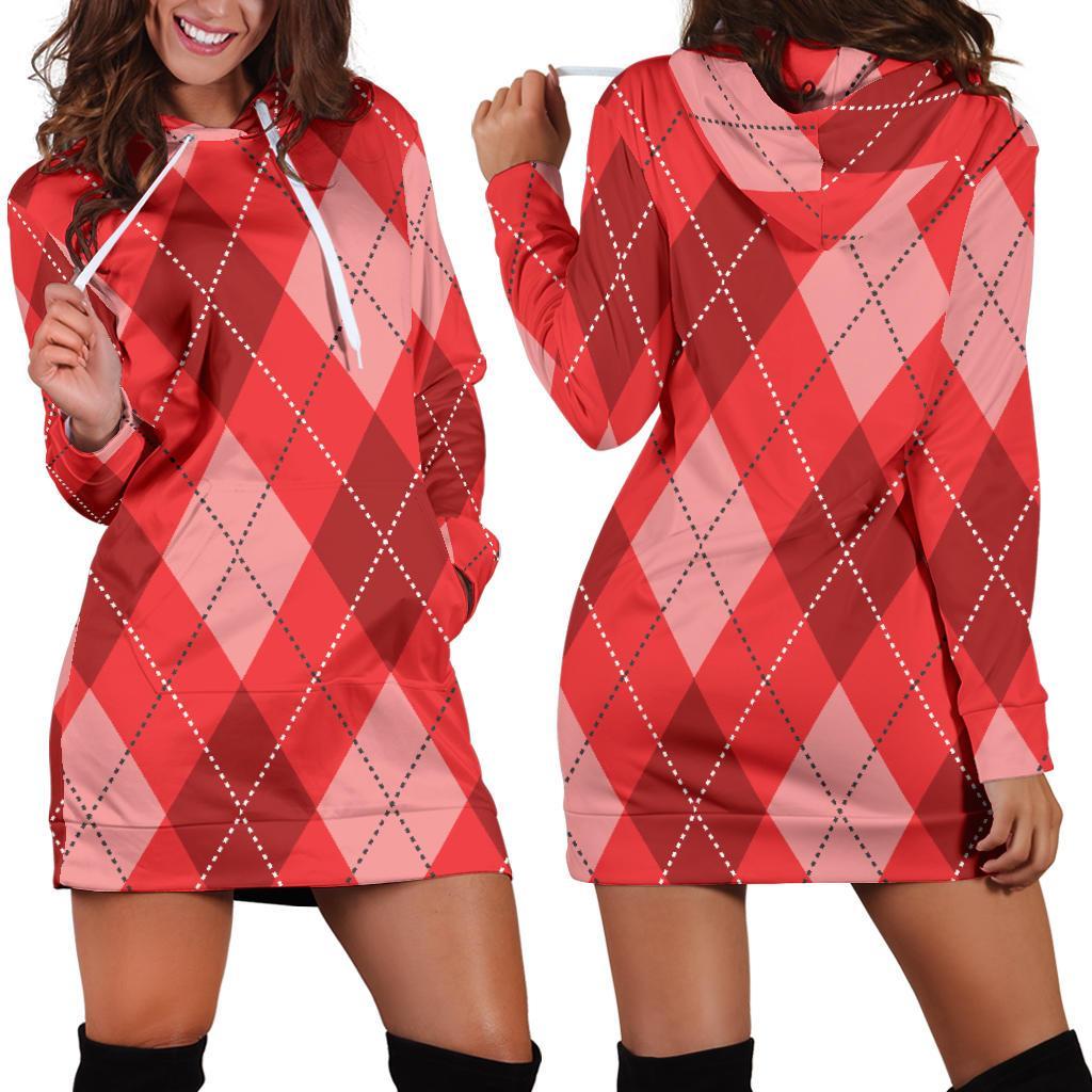 Argyle Red Pattern Print Women Hoodie Dress-grizzshop