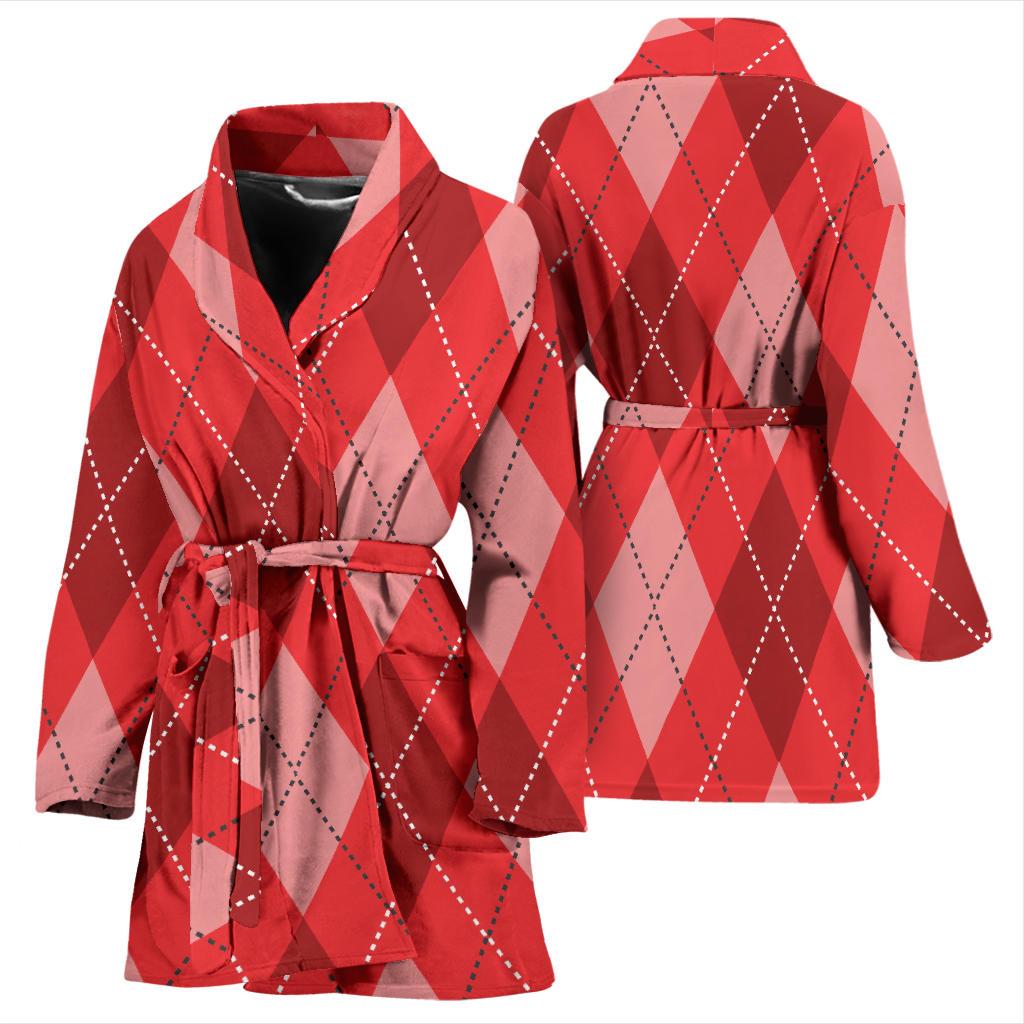 Argyle Red Pattern Print Women Long Robe-grizzshop