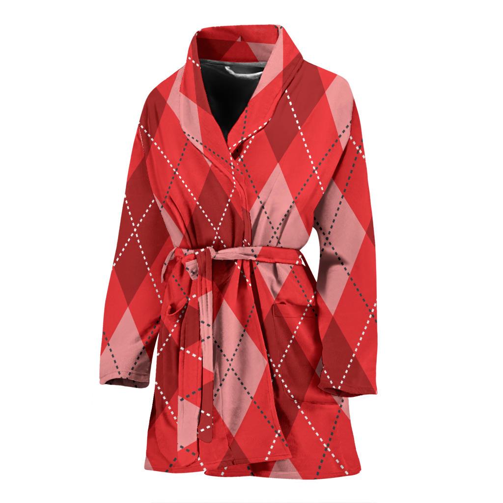 Argyle Red Pattern Print Women Long Robe-grizzshop