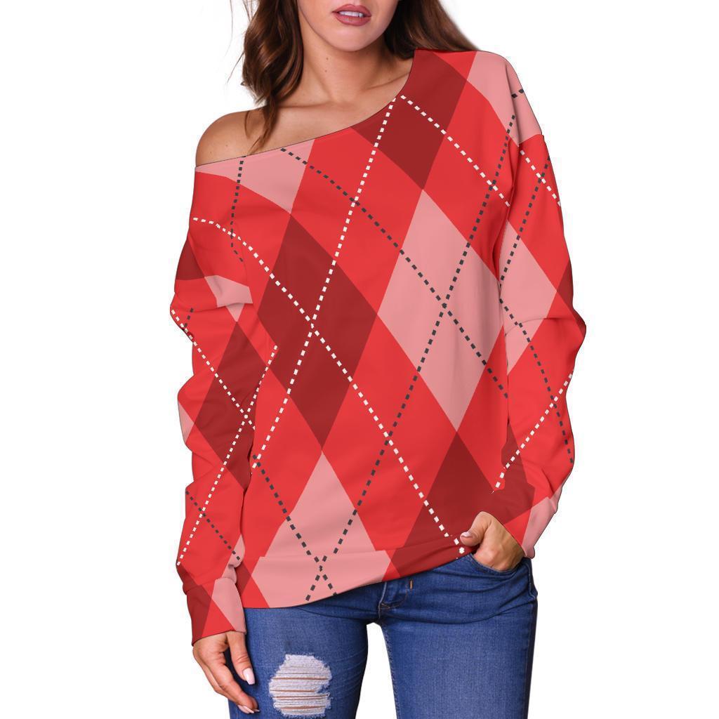 Argyle Red Pattern Print Women Off Shoulder Sweatshirt-grizzshop