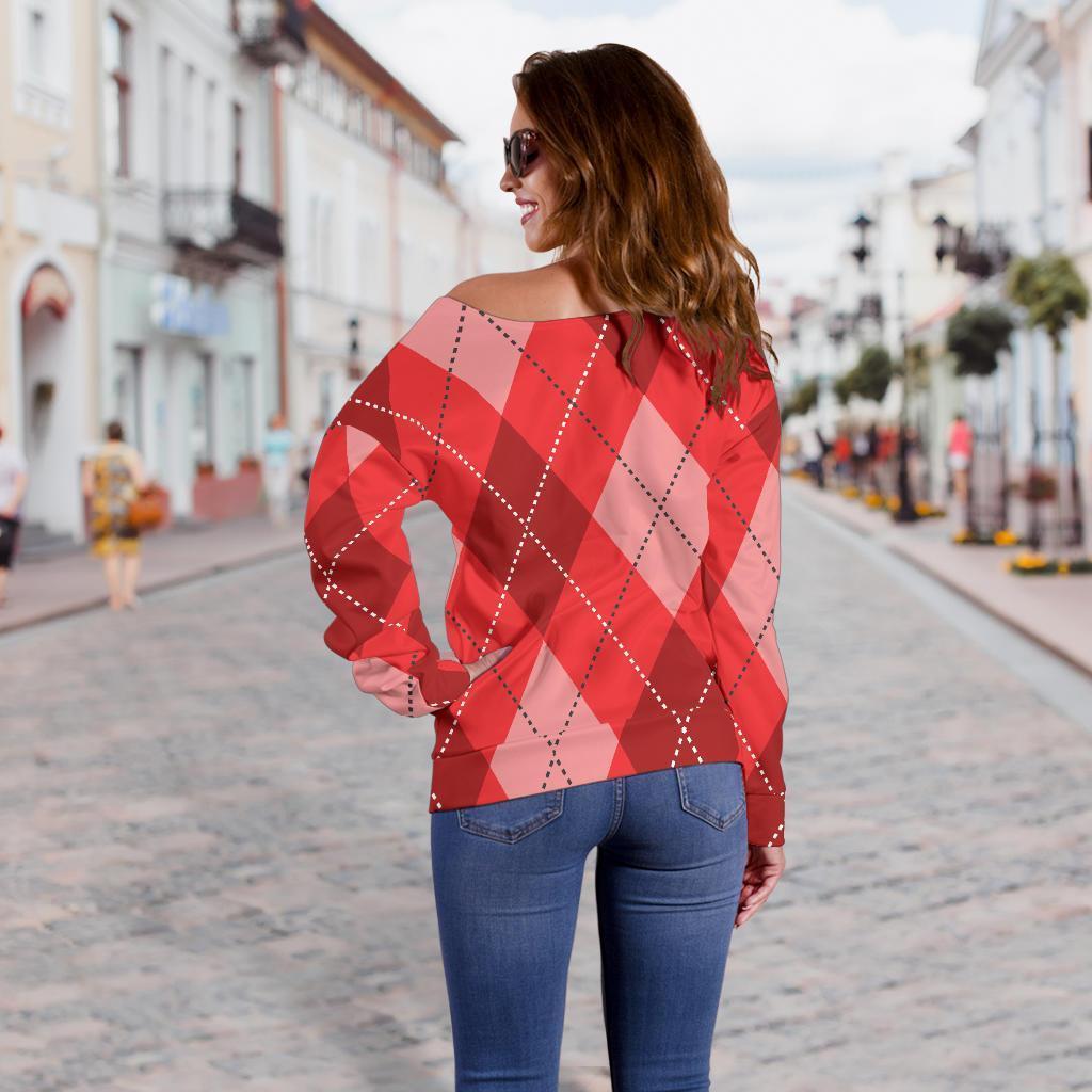 Argyle Red Pattern Print Women Off Shoulder Sweatshirt-grizzshop