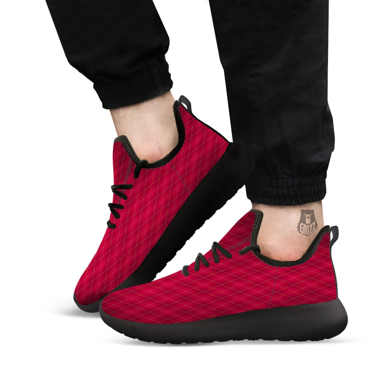 Argyle Red Print Pattern Black Athletic Shoes-grizzshop