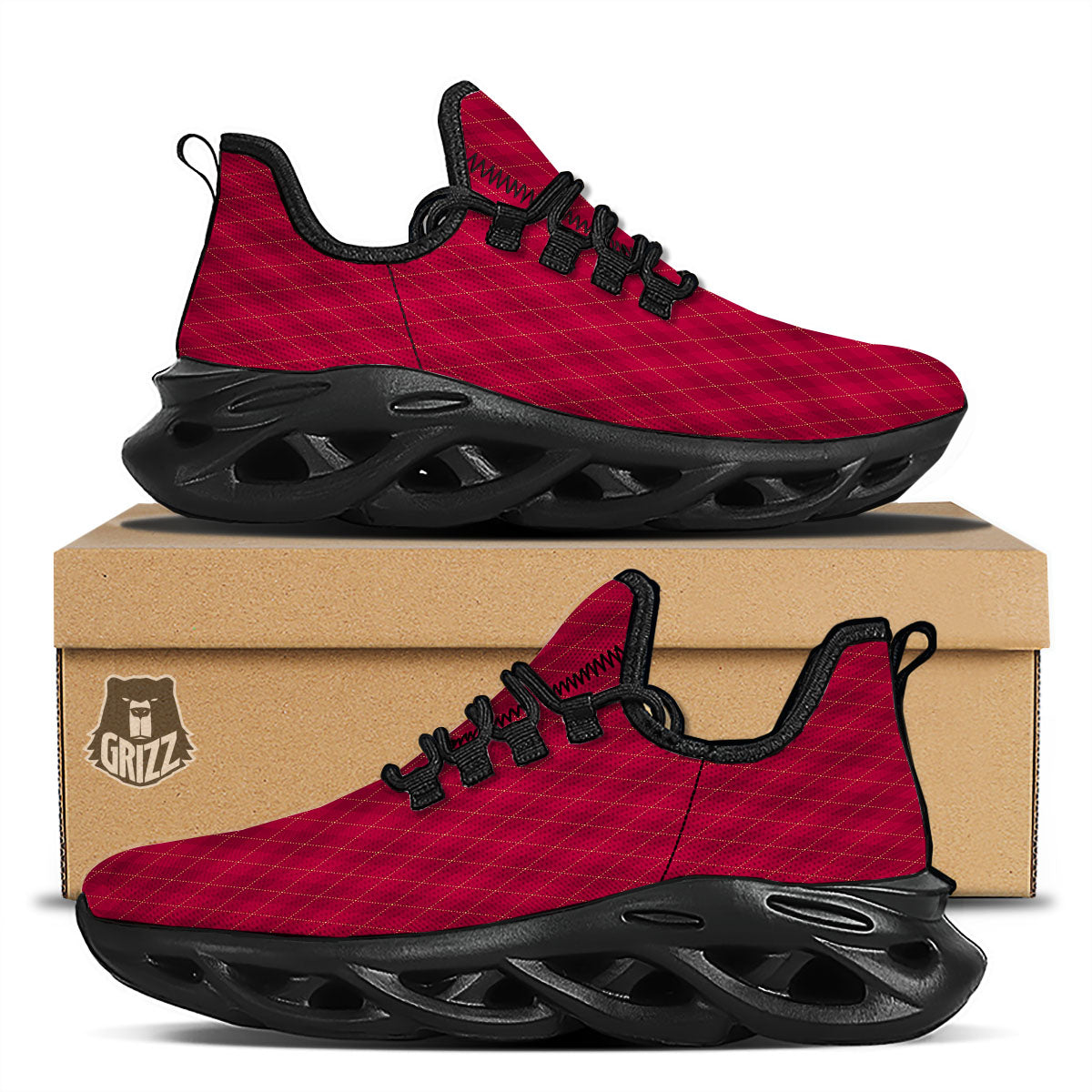 Argyle Red Print Pattern Black Running Shoes-grizzshop