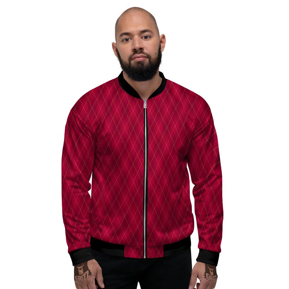Argyle Red Print Pattern Men's Bomber Jacket-grizzshop