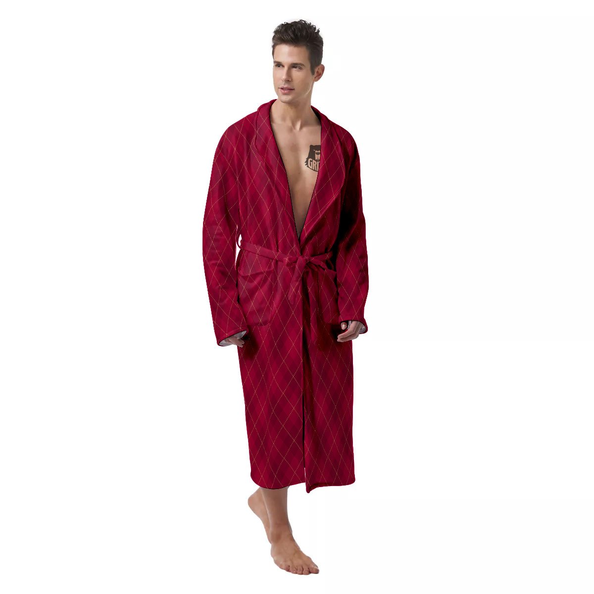 Argyle Red Print Pattern Men's Robe-grizzshop