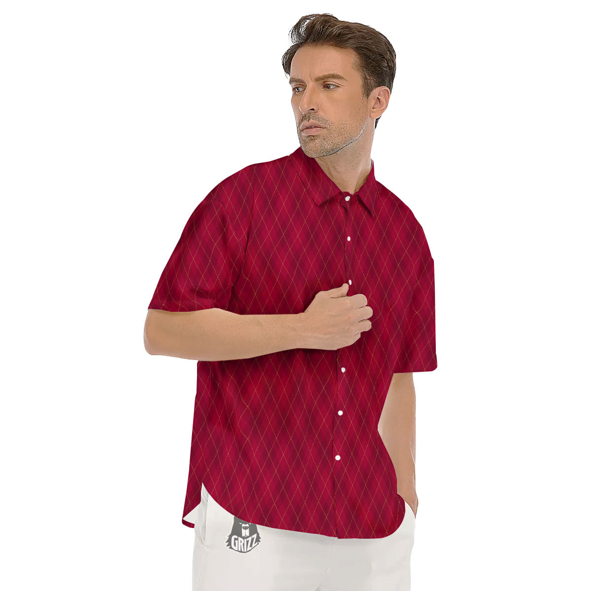 Argyle Red Print Pattern Men's Short Sleeve Shirts-grizzshop