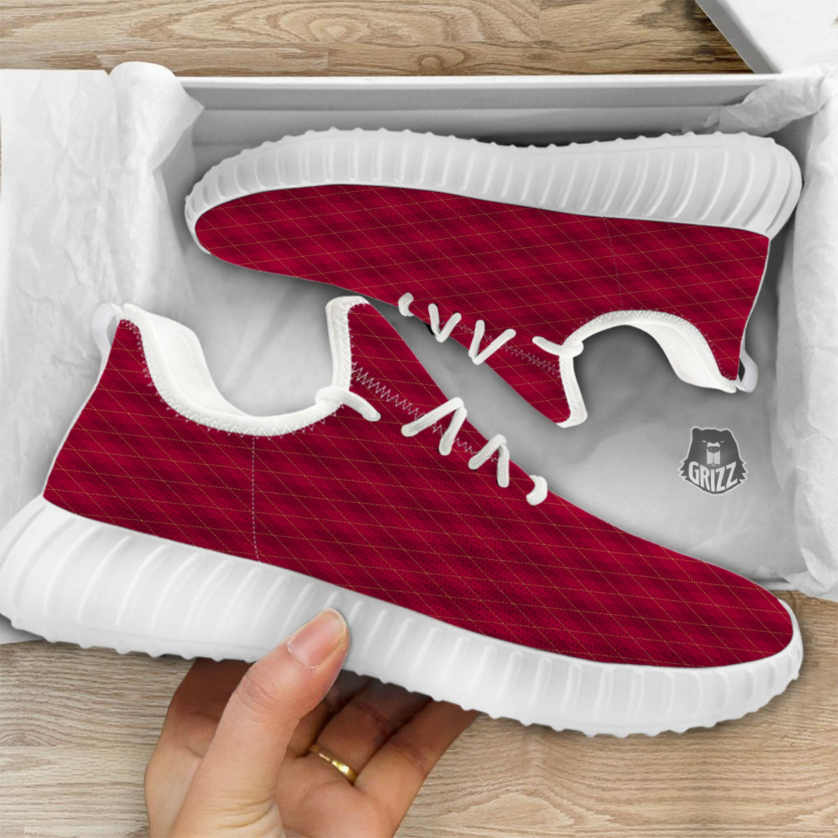 Argyle Red Print Pattern White Walking Shoes-grizzshop