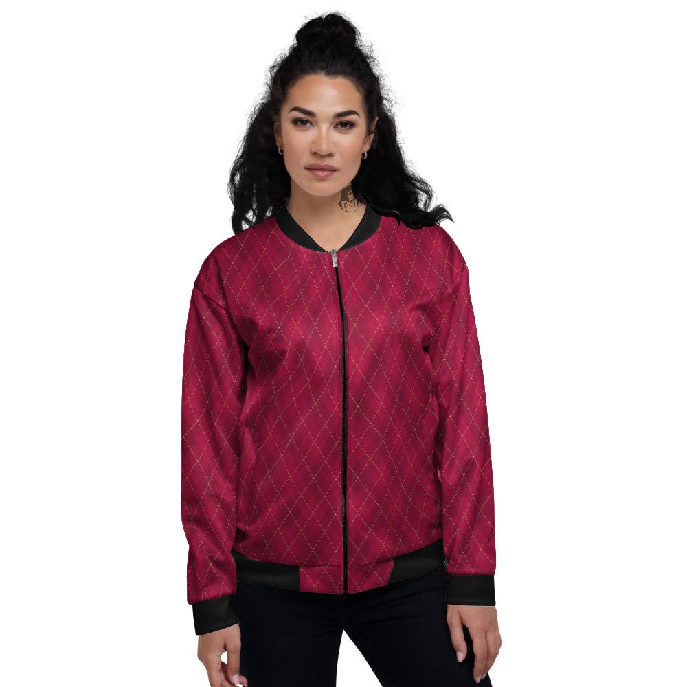Argyle Red Print Pattern Women's Bomber Jacket-grizzshop