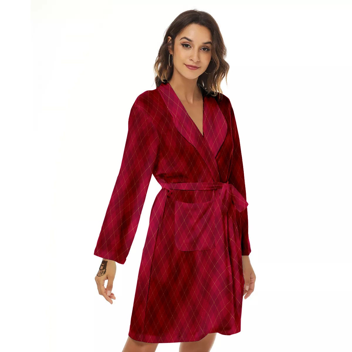 Argyle Red Print Pattern Women's Robe-grizzshop