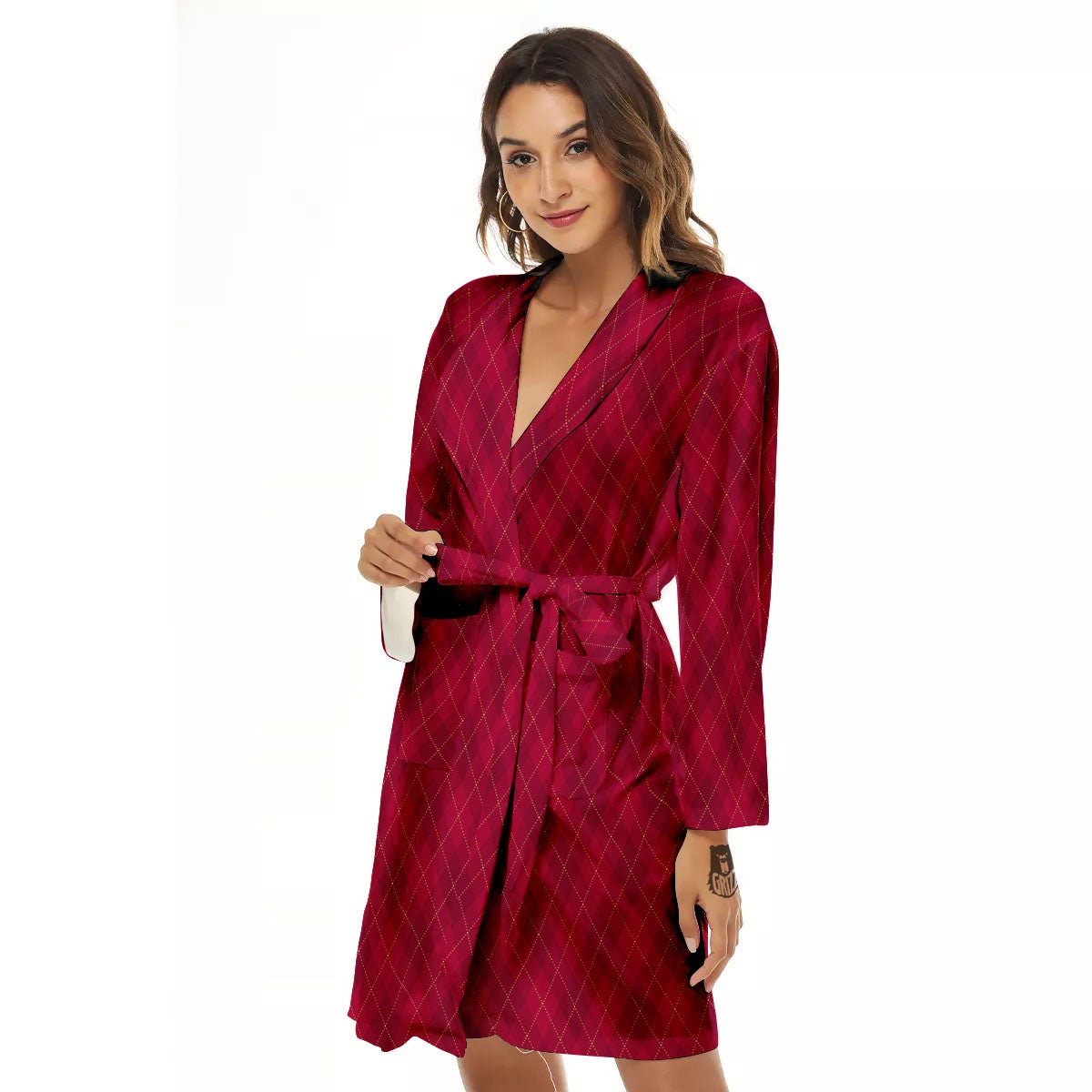 Argyle Red Print Pattern Women's Robe-grizzshop