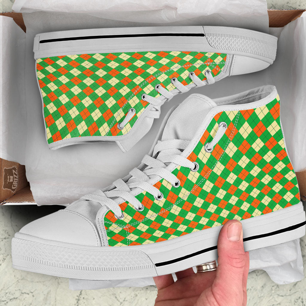 Argyle Saint Patrick's Day Print Pattern White High Top Shoes-grizzshop