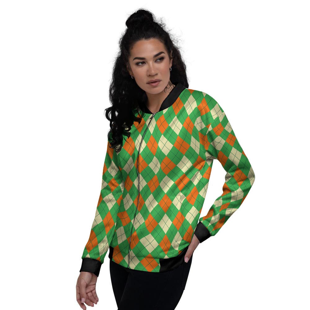 Argyle Saint Patrick's Day Print Pattern Women's Bomber Jacket-grizzshop