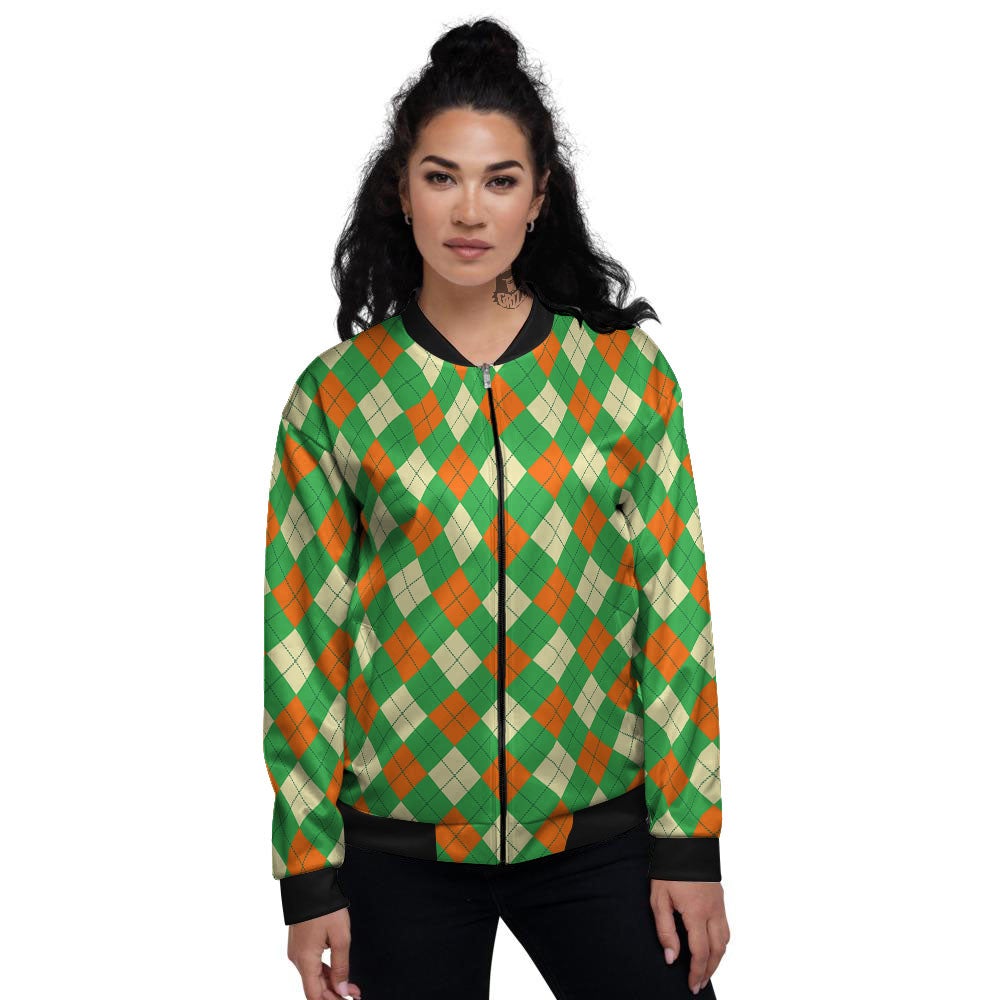 Argyle Saint Patrick's Day Print Pattern Women's Bomber Jacket-grizzshop