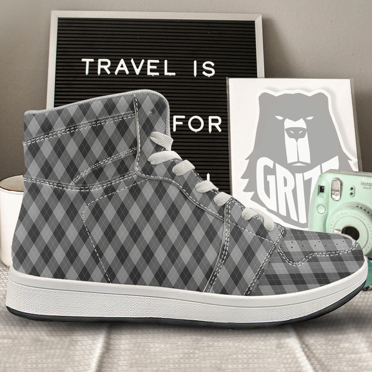 Argyle Shadow Grey Print Pattern High Top Sneakers-grizzshop