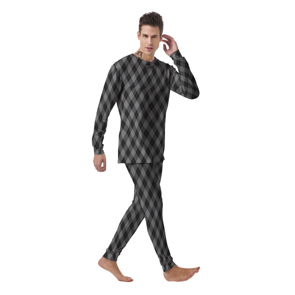 Argyle Shadow Grey Print Pattern Men's Pajamas-grizzshop