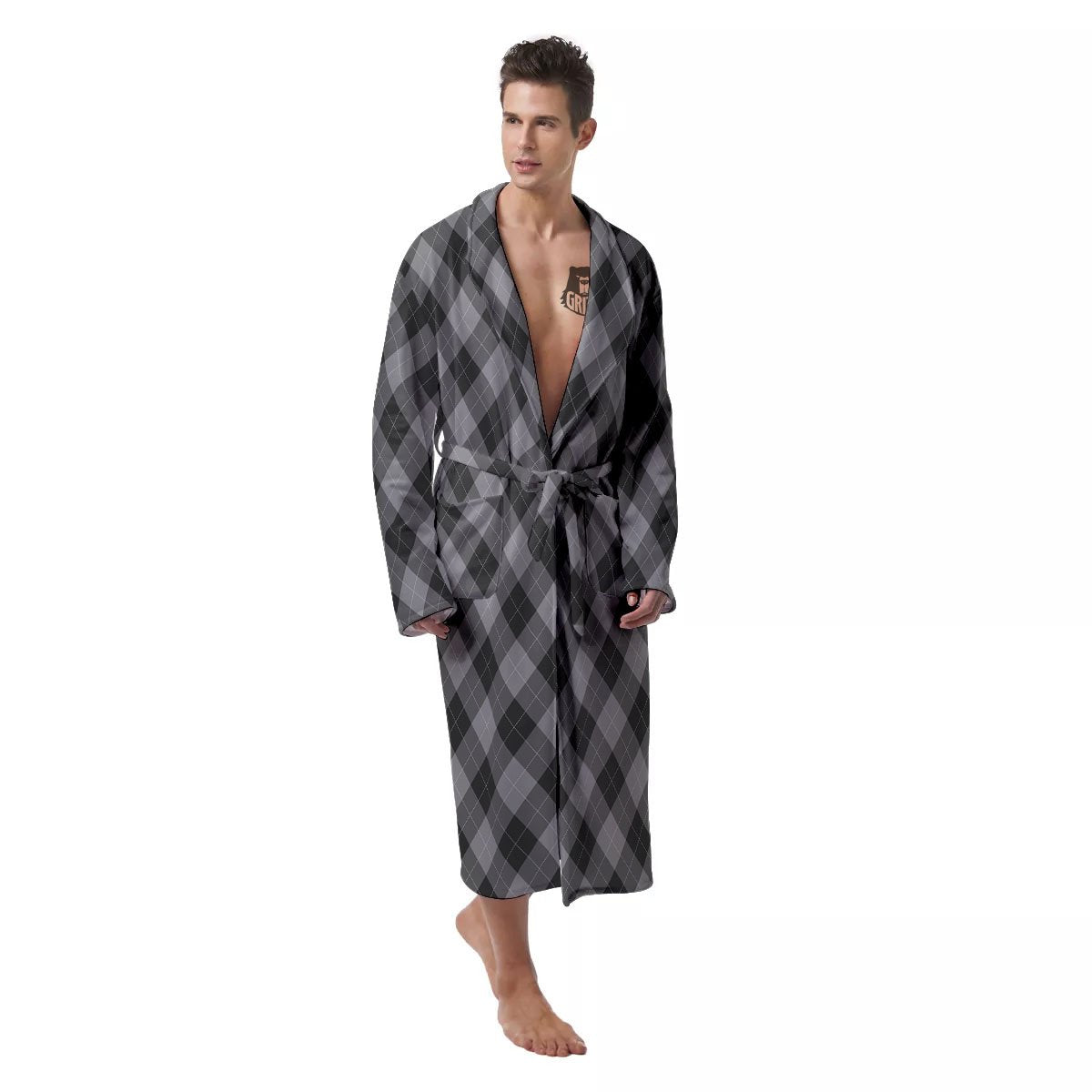 Argyle Shadow Grey Print Pattern Men's Robe-grizzshop