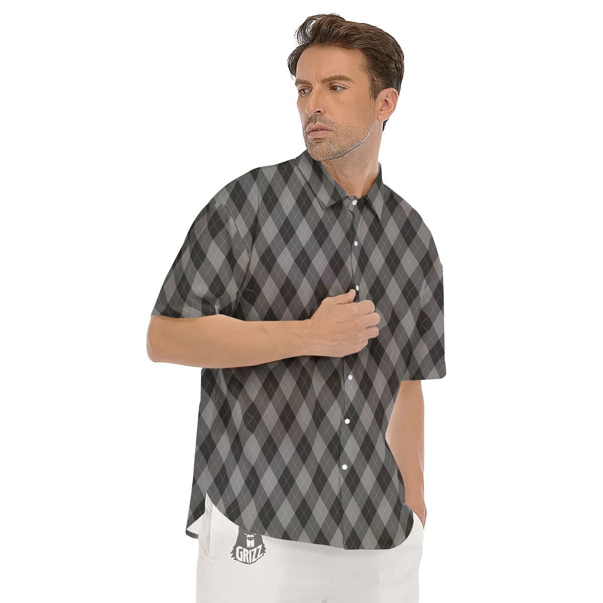 Argyle Shadow Grey Print Pattern Men's Short Sleeve Shirts-grizzshop