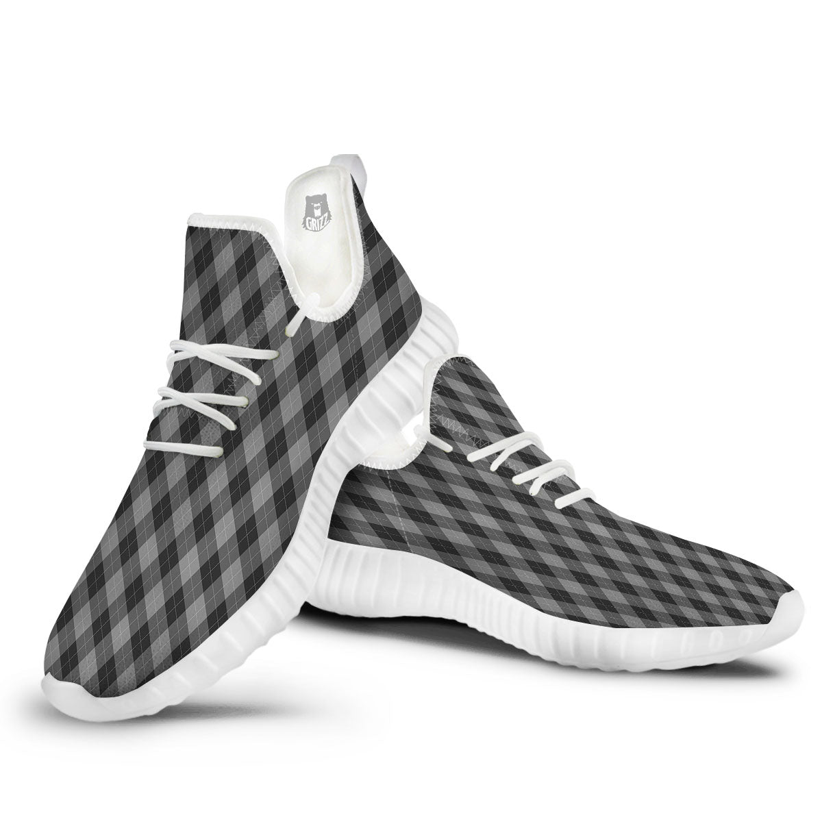Argyle Shadow Grey Print Pattern White Walking Shoes-grizzshop
