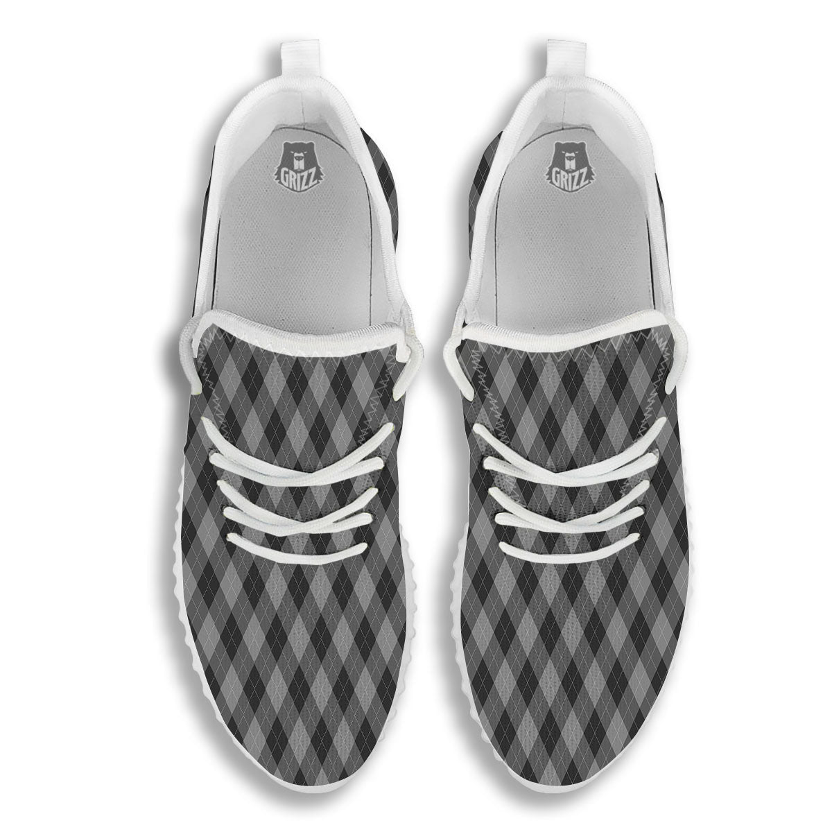 Argyle Shadow Grey Print Pattern White Walking Shoes-grizzshop