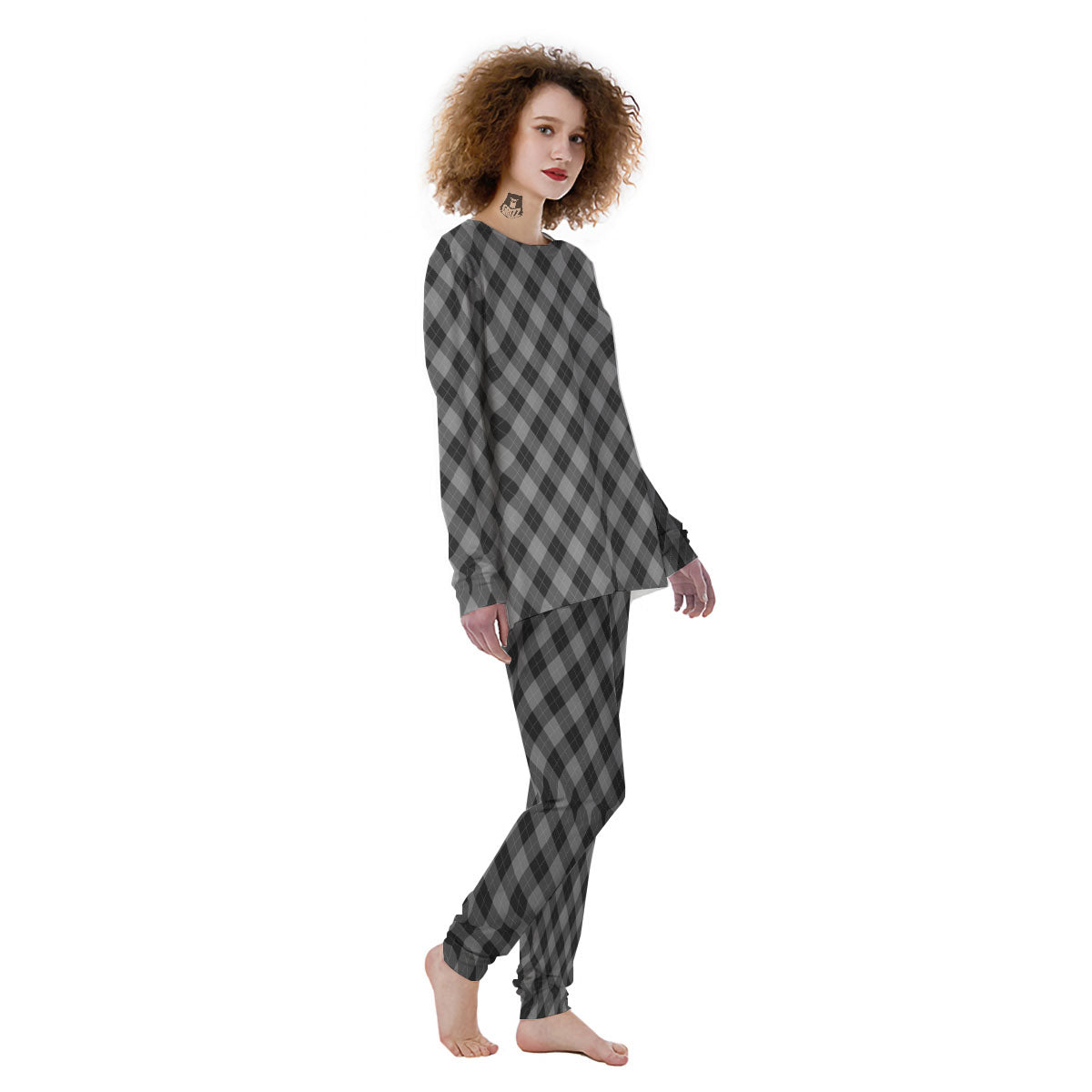 Argyle Shadow Grey Print Pattern Women's Pajamas-grizzshop