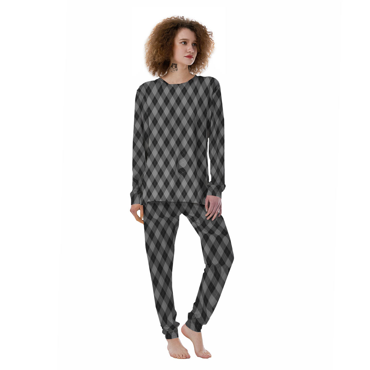 Argyle Shadow Grey Print Pattern Women's Pajamas-grizzshop