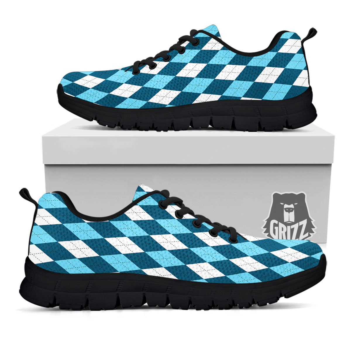 Argyle Soft Blue Print Pattern Black Sneaker-grizzshop