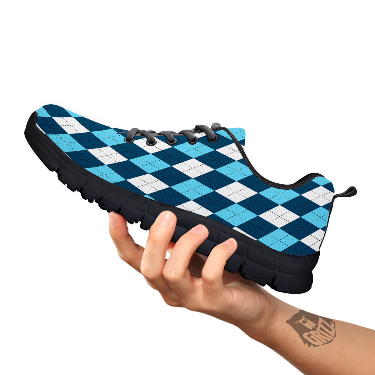 Argyle Soft Blue Print Pattern Black Sneaker-grizzshop