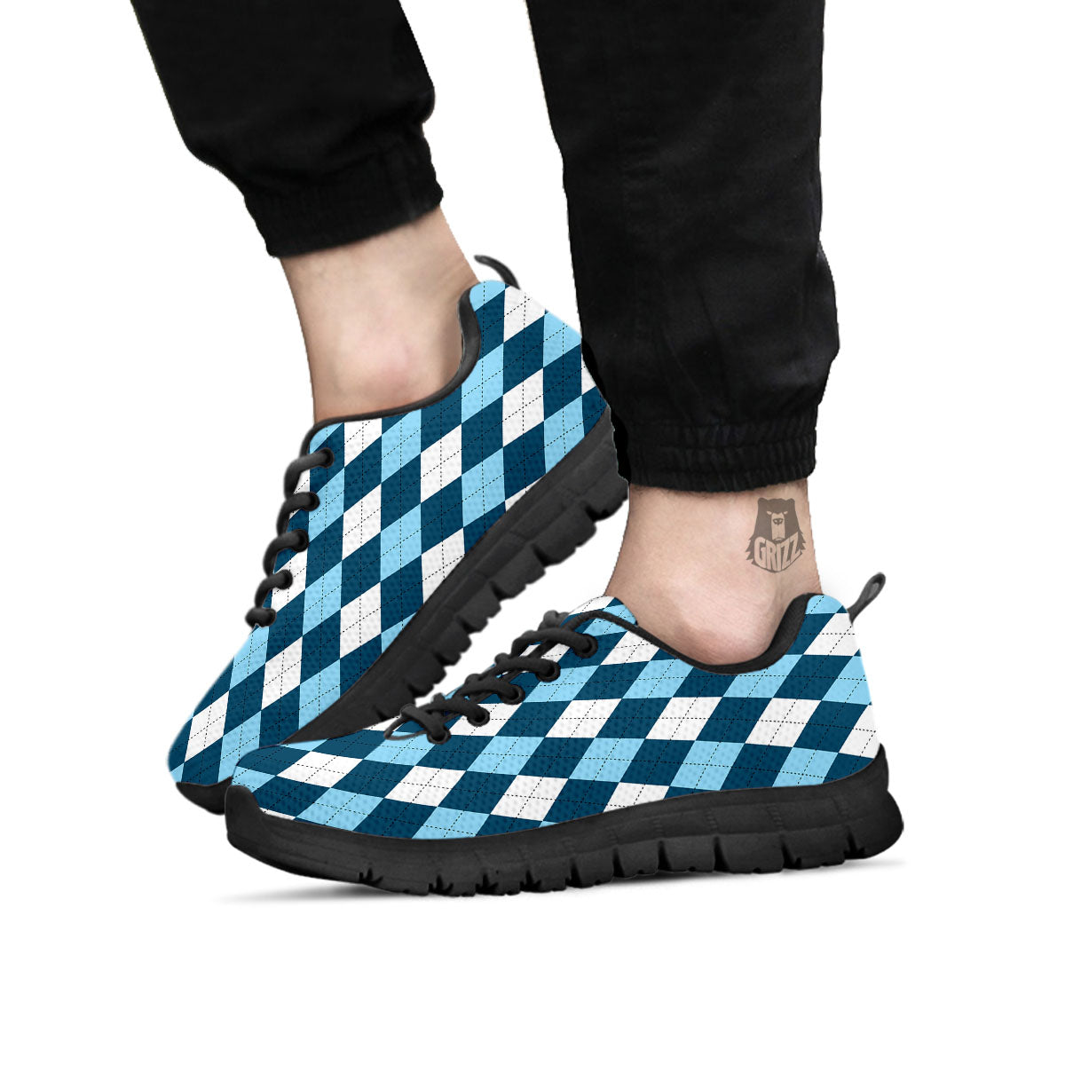 Argyle Soft Blue Print Pattern Black Sneaker-grizzshop