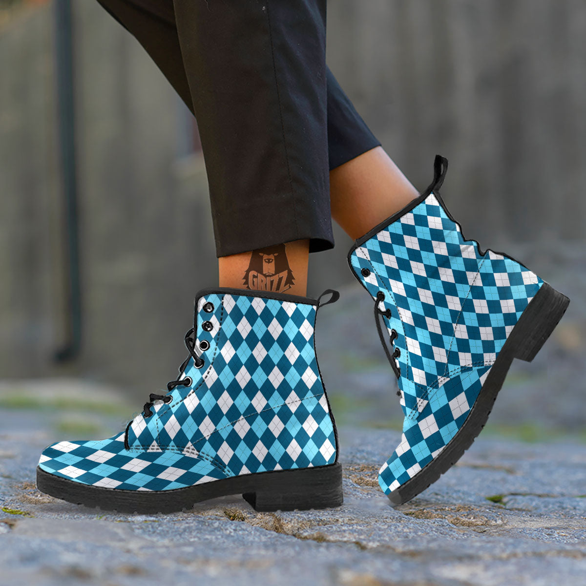 Argyle Soft Blue Print Pattern Leather Boots-grizzshop